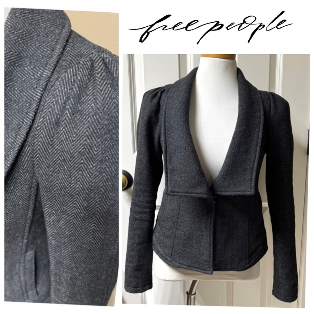 Free People Wool Herringbone Puff Sleeve Coat Jacket Blazer